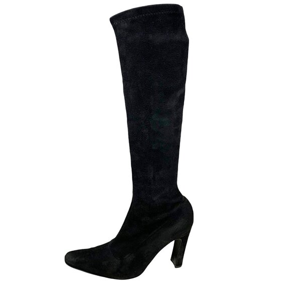 Bergdorf Goodman Black Suede Stretch Pull On Heeled‎ Tall Boots - Picture 4 of 14
